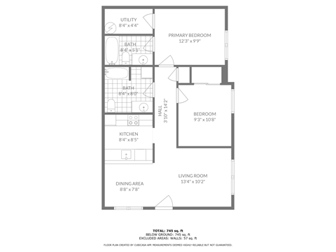 Floor plan for 2 beds, 2 baths, 847 sqft